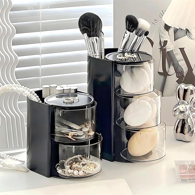 Hair Accessories Organizer with Hair Brush Holder, Rotatable Makeup Brush Holder for Necklaces, Earring, Bracelet, Ring, Makeup Brushes, Hair Clip and Hair Accessories (Black, 2-Layer)