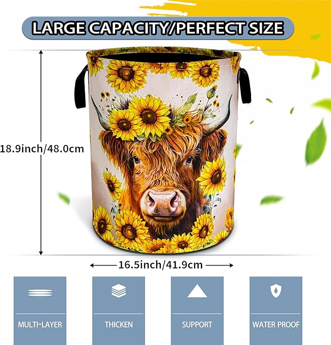 Highland Cow Laundry Basket Sunflower Flowers Foldable Oxford Cloth Funny Tote Bag Laundry Hamper Clothes Storage Bucket Toy Organizer For Bathroom/Laundry Storage/Bedroom 18.9x16.5 Inch