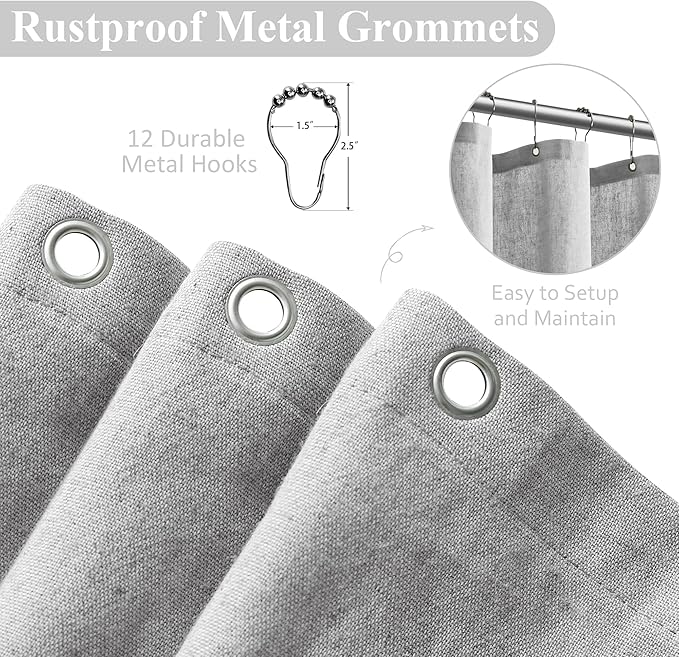 Naturoom Light Grey Linen Shower Curtain, Cloth Textured Fabric Shower Curtain Set with Hooks, Simple Elegant Modern Farmhouse Country Ultra Thick Bath Curtains for Bathroom,Water Repellent,36x72