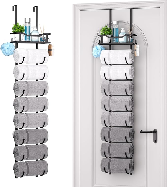 SWTYMIKI Over The Door Towel Rack - 9 Tier Towel Racks for Bathroom Wall Mounted, Towel Holder with Shelf, Hanging Rolled Towel Storage Organizer for Small Bathroom, Camper, RV, Black