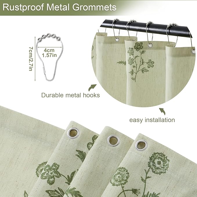ORTIGIA Farmhouse Vintage Sage Green Floral Shower Curtain Block Print Linen Shower Curtains Set Boho Cottagecore Rustic Decor for Bathroom 72 W x 72 L
