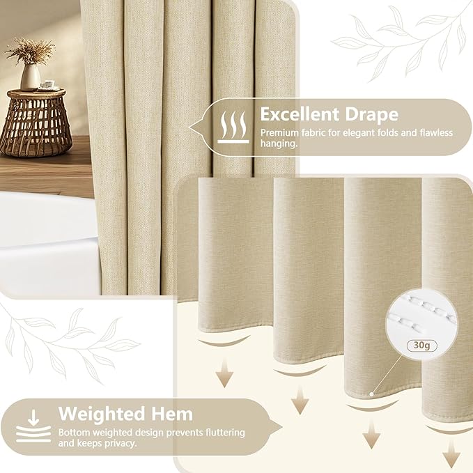 36 x 72 Inch Natural Linen Look Stall Shower Curtain Beige, Faux Linen Farmhouse Thick Fabric Shower Stall Curtain Water-Resistant, Cream Bathroom Curtain Washable for Single Stall