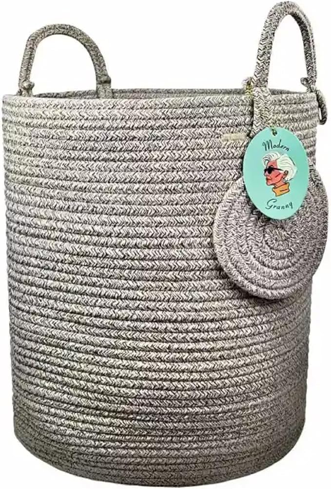 Modern Granny Medium Cotton Rope Laundry Hamper 14x16 Inch Dual Secure Woven Handle for Living Room Closet Clothes Blanket Organization