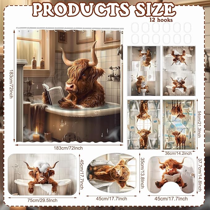 FuWeave 8 Pcs Highland Cattle Shower Curtain Sets for Bathroom Funny Highland Cattle Shower Curtain Sets with Rugs and Cow Towels, Include Non-Slip Rug, Toilet Lid Cover, Bath Mat and 12 Hooks