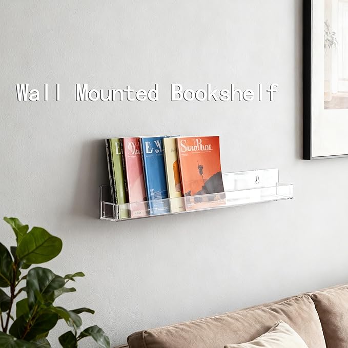 2 Pack Clear Nail Polish Rack Wall Mounted,15 inch Invisible Acrylic Floating Bookshelf,Small Toy Storage Wall Shelf Modern Picture Ledge Vinyl Record Display Shelf Holder