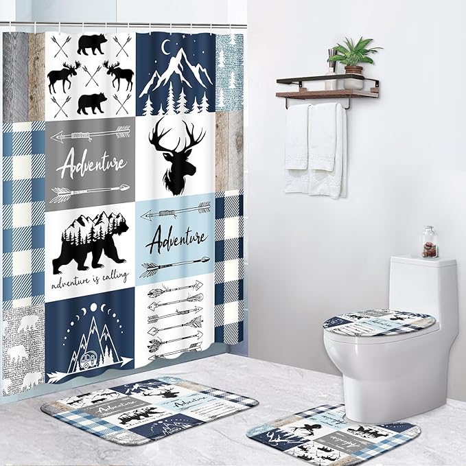 Pamnest 4 Pcs Shower Curtain Sets, Moose Bear Animal Funny Plaid Waterproof Bathroom Sets with Non-Slip Rugs, Toilet Lid Cover and Bath Mat, 12 Hooks, Accessories Modern Home Bathroom Decor 72" X 72"