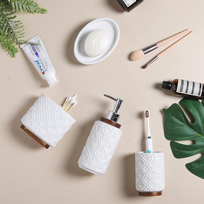 RQYIXI 4 Piece Bathroom Accessories Set, White Ceramic Bath Accessory Set with Wood Accents, Soap Dispenser, Toothbrush Holder, Tumbler and Soap Dish, Elegant Bathroom Countertop Decor
