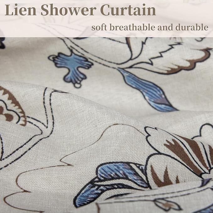 MUGINYU Vintage Farmhouse Linen Shower Curtain,Botanical Floral Toile Shower Curtain,Colorful Leaves Bath Curtains Shower,Boho Flower Plant Neutral Bathroom Decor (Vintage Flower Blue)