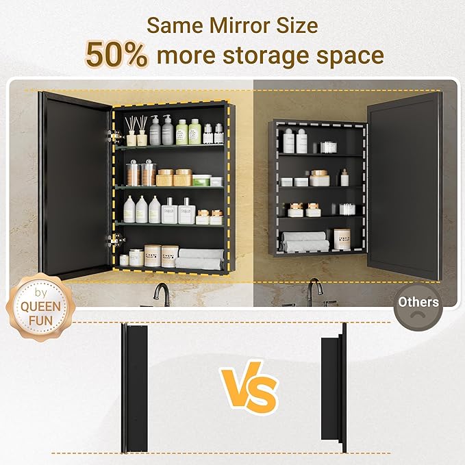 72x30 Pre-Assembled Black Medicine Cabinet with Mirror, Surface or Recessed Medicine Cabinet Mirror for Bathroom, Aluminum Beveled Frame Bathroom Vanity Mirror with Adjustable Shelves Storage