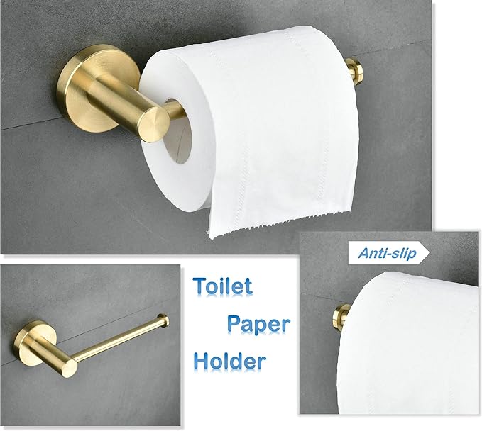 SHUNLI 5 Pieces Bathroom Accessories Hardware Set (Adjustable Towel Bar 16 to 26 Inch, Toilet Paper Holder, Towel Ring, 2PCS Hook) Brushed Gold Wall Mounted Bath Fixtures Set, SUS304 Stainless Steel