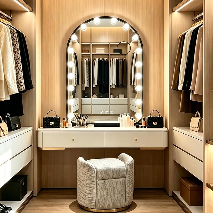 32 x 24 Inch Hollywood Black Arch Vanity Mirror with Lights 3 Color Dimmable Black Arched Lighted Vanity Mirror for TableTop Wall Detachable Base X10 Magnifying Arch Makeup Mirror with Lights