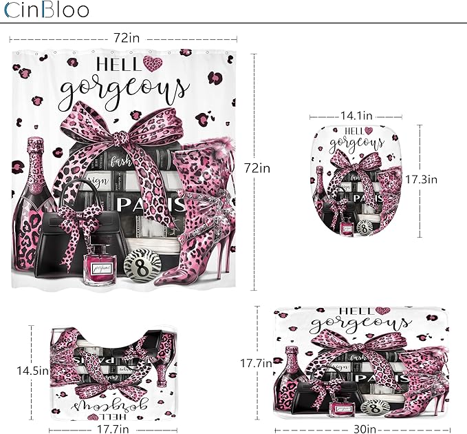 Cinbloo 4Pcs Black and Pink Leopard Print Shower Curtain Set,Fashion Modern Girly Bow Perfume Striped Bathroom Curtain with Rug,Toilet Lid Cover, Bath Mat,High Heels Books Shower Curtain with 12 Hooks