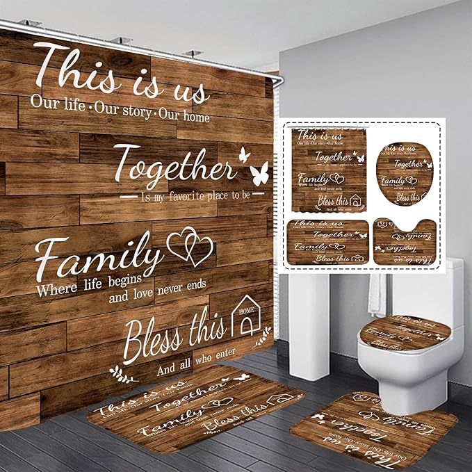 juwute 4Pcs Family Shower Curtain Sets with Non-Slip Rugs, Toilet Lid Cover and Bath Mat, Brown Home Bathroom Decor Set Accessories Waterproof Shower Curtains with 12 Hooks, 72 x 72 Inch