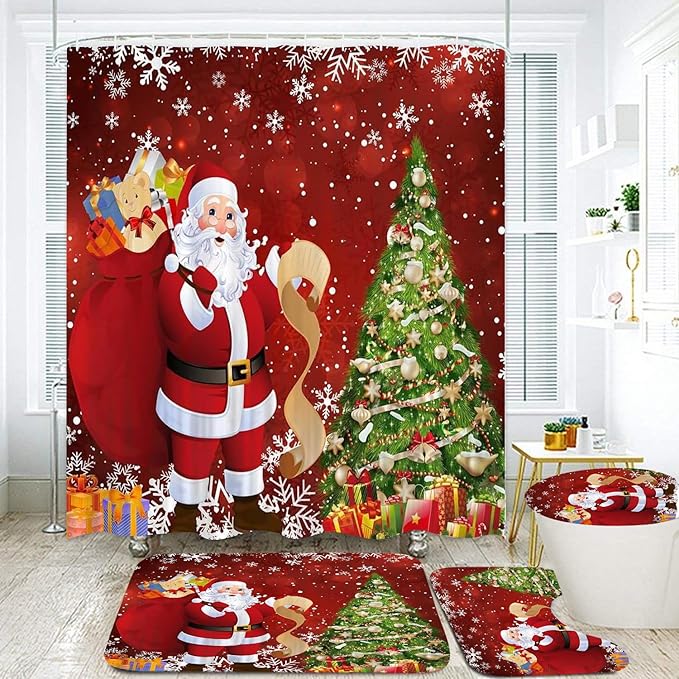 NBVKO 4PCS Christmas Santa Claus Snow Red Shower Curtain,with Non-Slip Rugs,Toilet Lid Cover and Bath Mat,Christmas Tree Bathroom Shower Decor Accessory Set