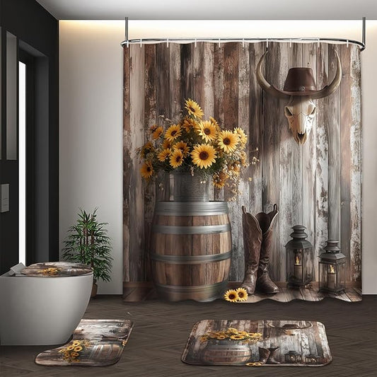 Western Cowboy Floral Shower Curtain Set with Toilet Lid Cover and Non-Slip Rugs, Farmhouse Barn Door Country 4 Pcs Shower Curtain with 12 Hooks, Rustic Bathroom Set with Rugs and Accessories