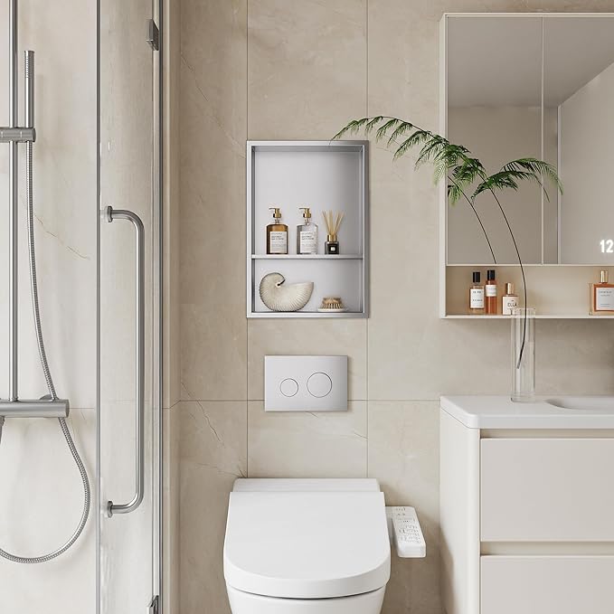 Neodrain 12X18 Inch Brushed Shower Niche, Double Shelf Stainless Steel No Tile Needed Bathroom Cabinet, Two Layer Recessed Built-in Wall Niche Waterproof