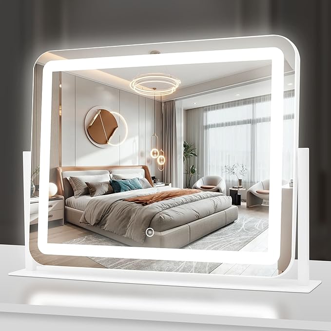 Acoolda Vanity Mirror with Lights, Large Makeup Mirror, LED Lighted, 3 Color Modes, 360 Rotation, 22.2" x 16.3" White