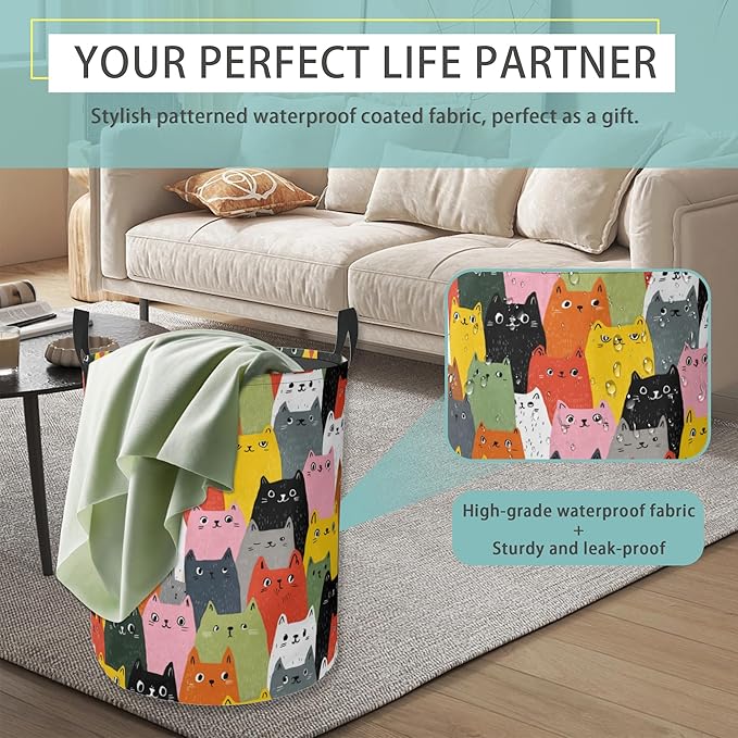 Colorful Cat Laundry Basket With Handles Tote Bag Oxford Cloth Funny Laundry Hamper Clothes Storage Bucket Toy Organizer 16" X 20.8"For Bathroom/Laundry/Bedroom
