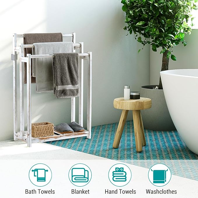 MyGift 35" Freestanding Towel Rack, 3 Bar Wood Blanket Holder with Bottom Storage Shelf, Free Standing Towel Drying Rack and Display for Bathroom Living Room, Whitewashed