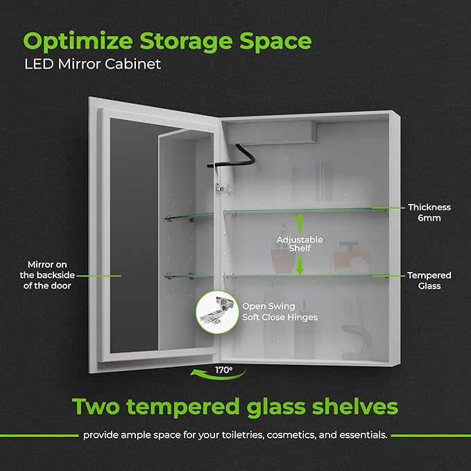 20x28 Inch LED Medicine Cabinet with Mirror - Lighted Bathroom Cabinet with 3 Color Modes (3000-6500K), Touch Dimmer, 2 Adjustable Shelves - Recessed or Surface Mount - Fab Glass and Mirror