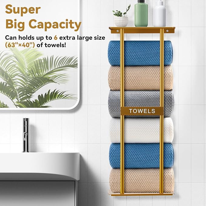 Vertical Towel Rack Wall Mounted - Metal Rolled Towel Holder, 31 Inch Black Space Saving Bathroom Storage Shelf for Shower, Toilet & RV (Golden)