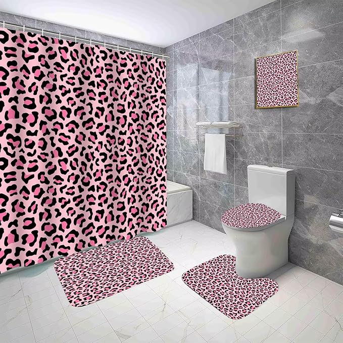 Onalasyc 5Pcs Pink Leopard Shower Curtain Set, Wall Painting Bathroom Sets with Shower Curtain and Rugs, Cheetah Print Bathroom Wall Art Decor Painting Shower Curtains Sets with Rugs