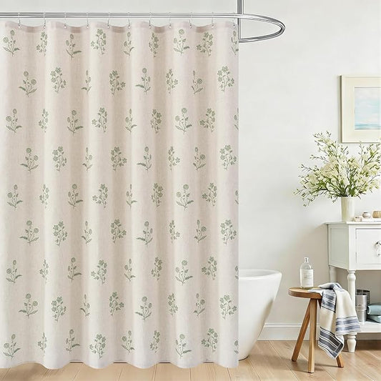 ORTIGIA Linen Shower Curtain Farmhouse Vintage Floral Shower Curtains Sage Green Boho Rustic Curtains Block Print Cottagecore Decor for Bathroom 72 W x 72 L