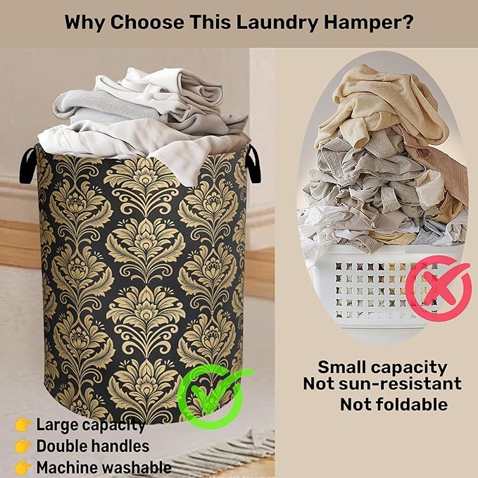 Gold Black Damask Flowers Laundry Basket - Extra Large Foldable Washable Laundry Hamper with Handles, Storage Bin for Bathroom/Laundry/Bedroom/Dorm