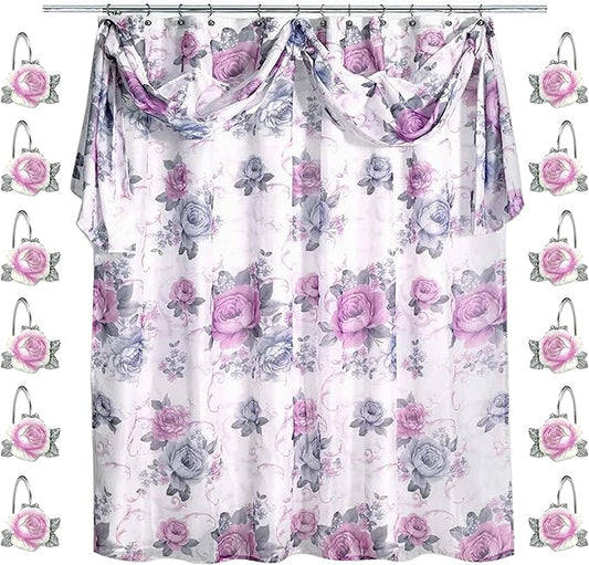 Zahari Home 13pc Michelle Bathroom Shower Curtain Sets Shower Curtain & 12 Shower Bathroom Hooks Modern Classic Luxury Contemporary Decor Floral Shower Curtain Stylish Bath Sets