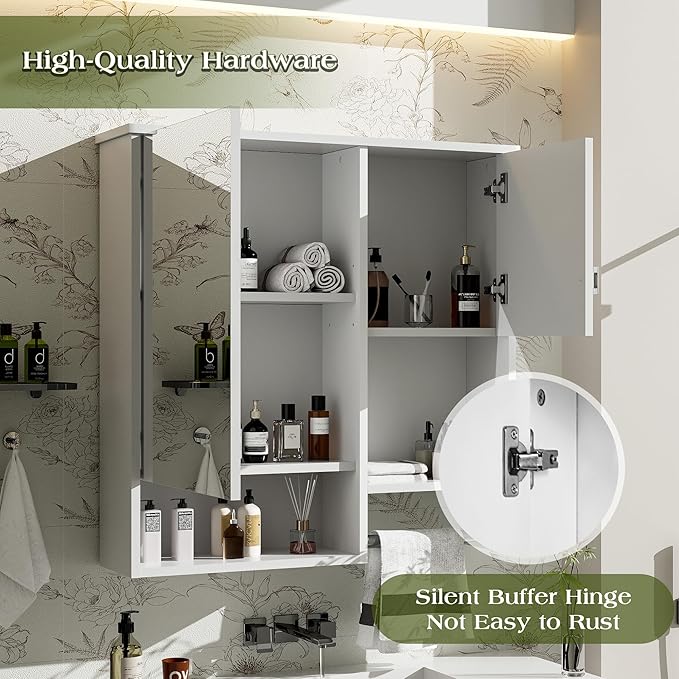 Merax Medicine Cabinet for Bathroom, Wall Mount Bathroom Cabinet with Mirror, Open Shelf, and Towel Bar, 29.5" W x 28.7" H Over The Toilet Mirrored Bath Wall Cabinet