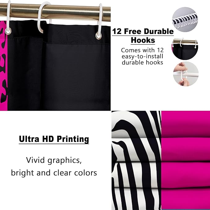 Poedist 4 Pcs Bathroom Shower Curtain Set,Rosy Leopard Print Shower Curtain Bright Style Shower Curtain Sets with Rugs(Bath Mat,U Shape and Toilet Lid Cover Mat) and 12 Hooks