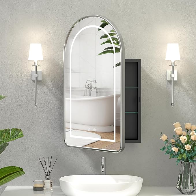 20x31 Inch Arched LED Medicine Cabinet with Mirror - Oil Rubbed Nickel Metal Frame, Lighted Arched Bathroom Mirror Cabinet, Mirror Cabinet with Storage for Bathroom,Dimmable,Defogger