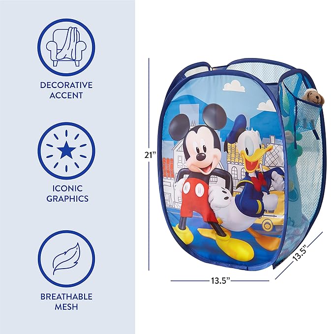 Mickey Mouse Pop Up Laundry Hamper with Durable Carry Handles,Blue Kids Clothes Storage, 21" H x 13.5" W x 13.5" L