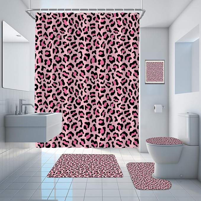 Onalasyc 4 Pcs Leopard Shower Curtain,Cheetah Shower Curtain Bathroom Set,Pink Animal Print Leopard Waterproof Bathroom Sets with Shower Curtain and Rugs,juego de baño,with 12 Pcs Hooks