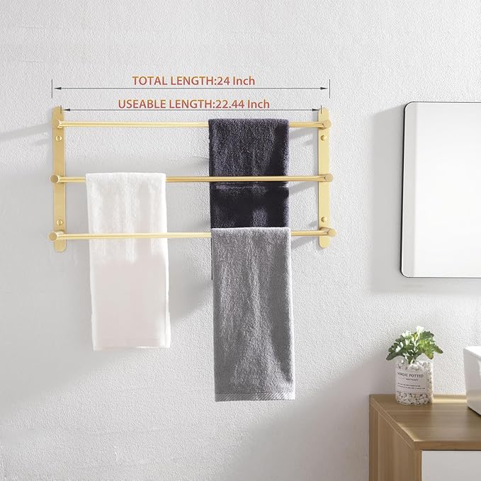 KOKOSIRI Bath Towel Bars Bathroom 3-Tiers Ladder Towel Holder Rails Wall Mounted Towels Shelves Rack Stainless Steel, Brushed Gold, B5002BG-L24