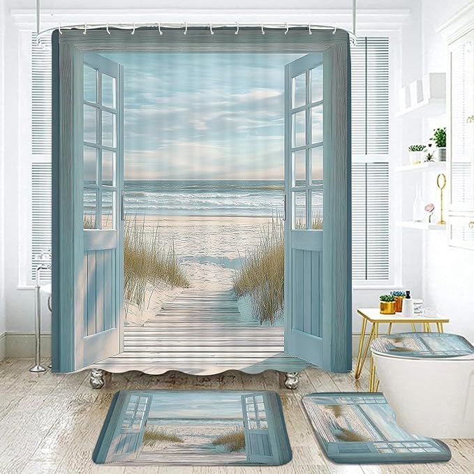 4 Pcs Blue Beach Barn Door Shower Curtain Set, Rustic Country Ocean Coastal Seaside Scenery Decor Bathroom Rug Sets, Retro Teal Wood Non Slip Rugs Toilet Lid Cover Bath Mat with Hooks