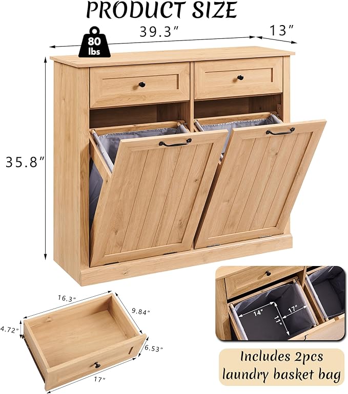 IFBUY Double Tilt Out Laundry Hamper Cabinet, 20 Gallon Farmhouse Trash Can Cabinet with Drawer, Hidden Wood Garbage Can Bin Cabinets with Laundry Storage Basket for Bathroom, Kitchen (Natural)