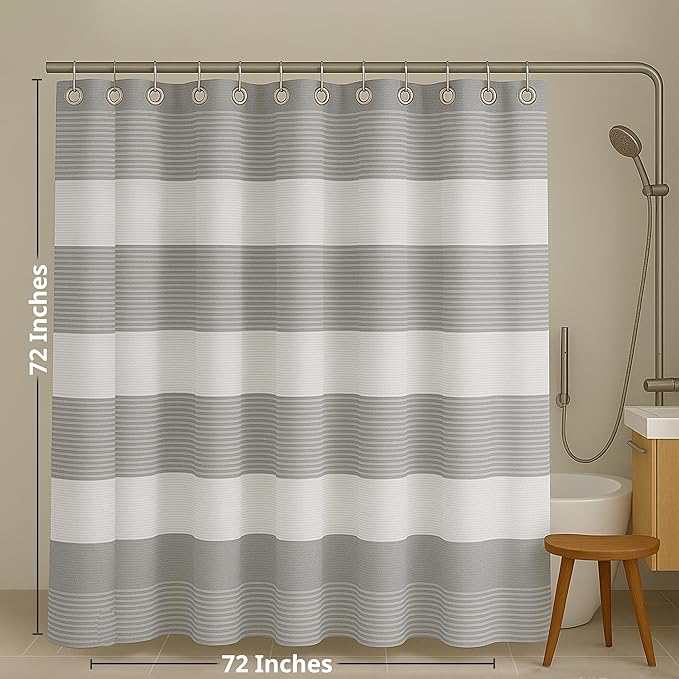 LANE LINEN Luxury Shower Curtain for Bathroom - 72 x 72 inches - Dobby Striped Elegant Texture - Water Resistant, Quick Dry & Easy Care - Reinforced Header with Rust Proof Metal Grommets - Silver