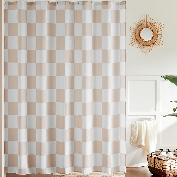 Checkered Shower Curtain, Beige Shower Curtains for Bathroom, Cute Retro Checkboard Shower Curtain Vintage Aesthetic, Washable Fabric Bath Curtain 72''x72''