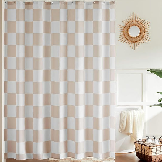 Checkered Shower Curtain, Beige Shower Curtains for Bathroom, Cute Retro Checkboard Shower Curtain Vintage Aesthetic, Washable Fabric Bath Curtain 72''x72''