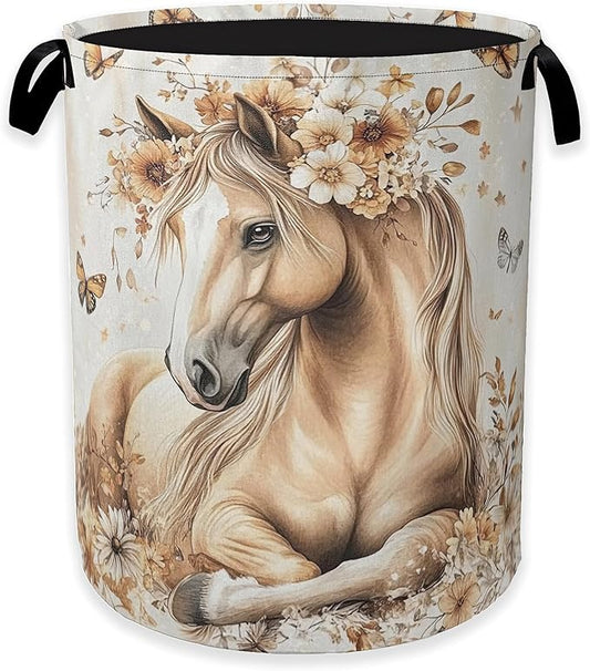 Horse Laundry Basket,Gold Flower Butterfly Clothes Hamper,Oxford Cloth Collapsible Nursery Hamper Storage Organization for Bedroom,Bathroom,Office,College Dorms,16x20 Inch