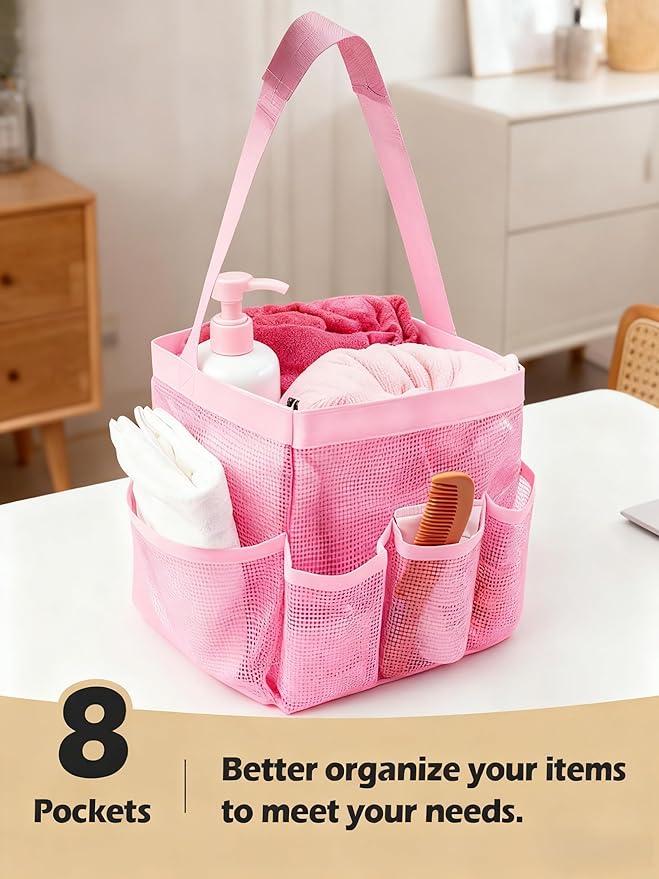 Mesh Shower Caddy Bathroom Portable College Dorm Essentials for Girls Guys Shower Tote Beach Camp Travel Hanging Toiletry Bag Pink