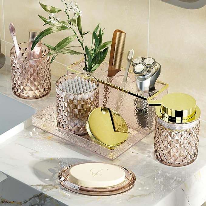 Glass Bathroom Accessories Set 5Pcs Crystal - Brown Foaming Soap Dispenser, Soap Dish, Cup, Acrylic Toothbrush Holder with Tray Organizer, Cotton Swab Jar, Bathroom Counter Set Sink Decor
