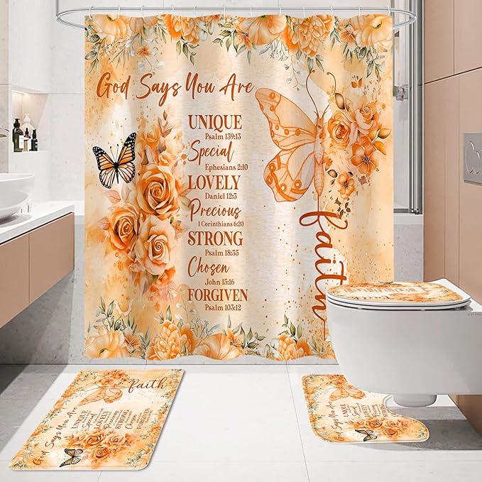 Litabel 4 Pcs Orange Butterfly Inspirational Quotes Shower Curtain Set with Rugs and Toilet Lid Cover, Colorful Boho Waterproof Fabric Bathroom Set, Bible Verse Floral Bathroom Decor Set Accessories