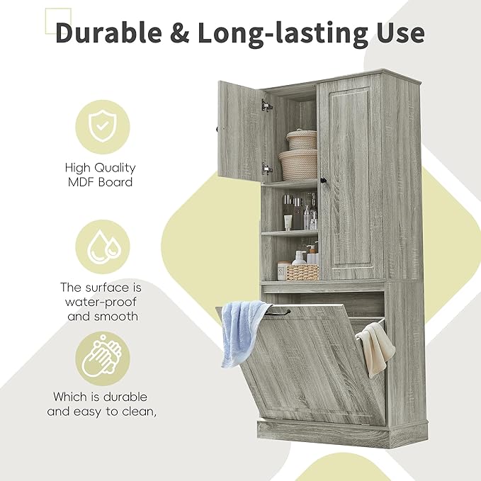 Virubi Tall Laundry Cabinet with Tilt Out Hamper, Wood Tall Laundry Room Cabinets with Doors, and Adjustable Shelves, for Bathroom Storage Organization, Freestanding, Oak