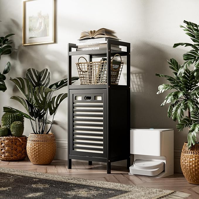 HITNET Tilt Out Laundry Hamper, Bamboo Bathroom Cabinet with Pull Out Removable Bag and 2 Tier Storage Shelves, 10 Gal Clothes Basket with Metal Handle, Black