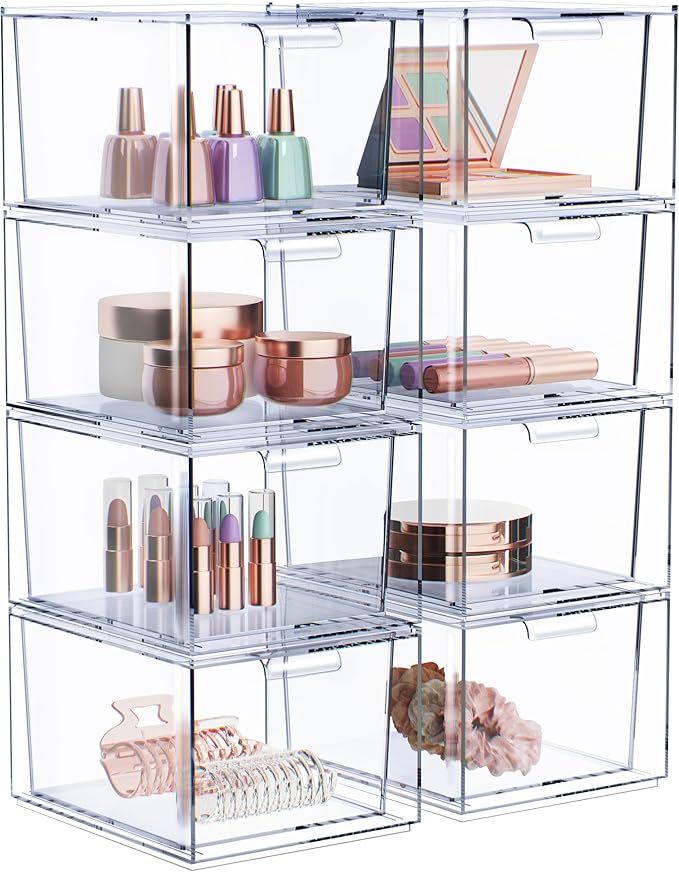 Sorbus Clear Stackable Storage Drawers - 8 Pack Acrylic Drawer Organizer for Vanity, Bathroom Makeup Organizer, Kitchen Cabinets, Undersink - Plastic Storage Bins for Home Organization and Storage