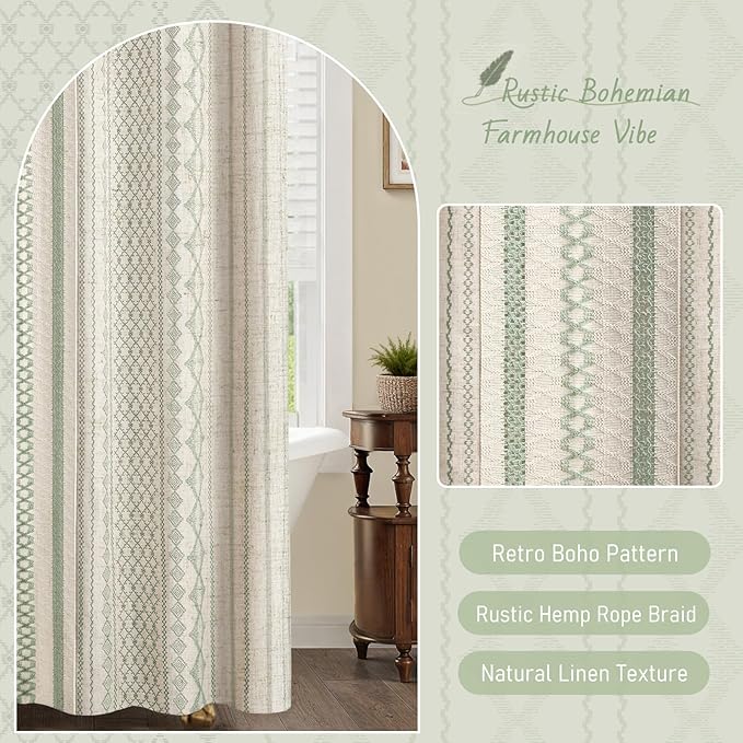 Sage Green Boho Shower Curtain for Bathroom, Linen Striped Print and Twine-Inspired Woven Center,72" W x 72" L