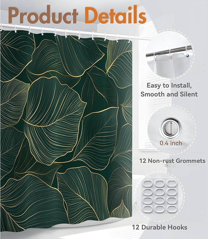 MAMUSE Shower Curtain for Bathroom - Cute Aesthetic Decorative Modern Girly Unique Girls Design Pretty Women Waterproof Fabric Cloth Cortinas de Baño Bathtub 72 x 72 Inch, Gold Plant