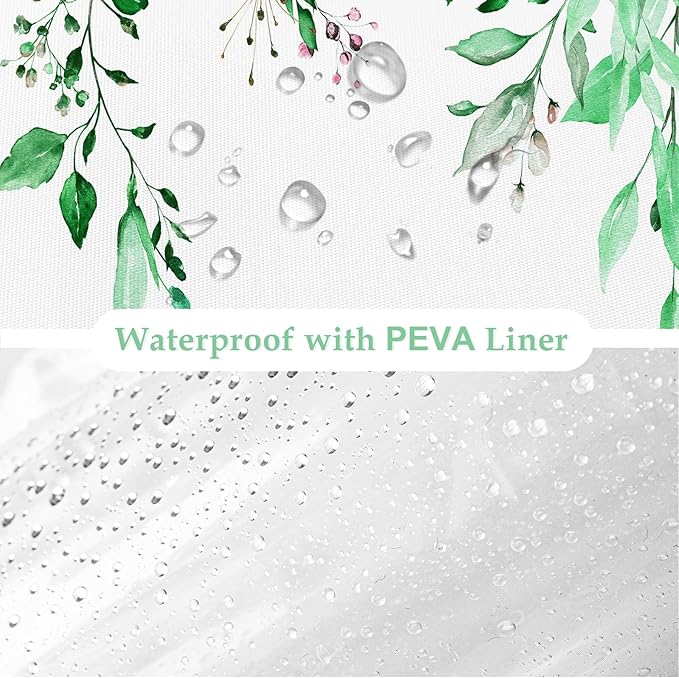 Gibelle 3 in 1 Shower Curtain Set, 72x72 Eucalyptus Bath Curtain and PEVA Liner Set with 12 Metal Hooks, Waterproof Fabric Bathroom Curtain, EmeraldGreen
